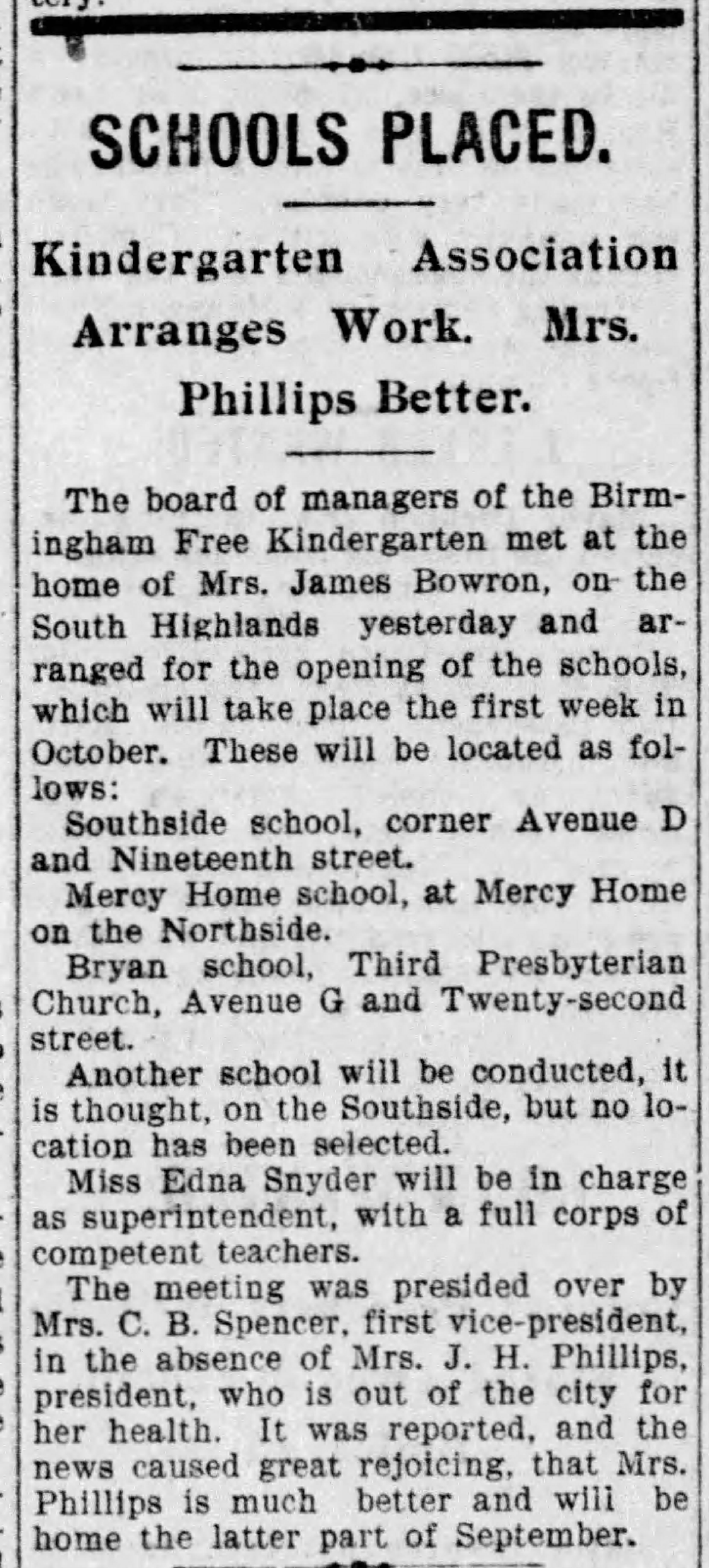 Schools Placed: Kindergarten Association Arranges Work